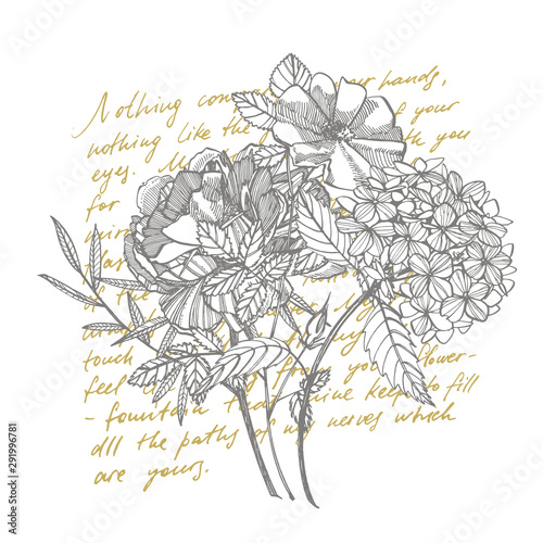 Bouquet. Spring Flowers and twigs. Peonies, Hydrangea, Rose. Vintage botanica...