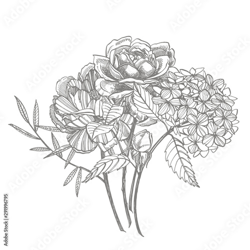 Bouquet. Spring Flowers and twigs. Peonies, Hydrangea, Rose. Vintage botanica...