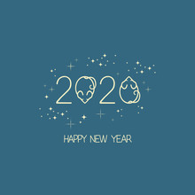 New Year 2020 Logo For Chinese Year Of The Rat, With Stylized Rat Or Mouse Icon, Vector Flat Illustration For Christmas And New Year Cards, Flyers And Banners Design