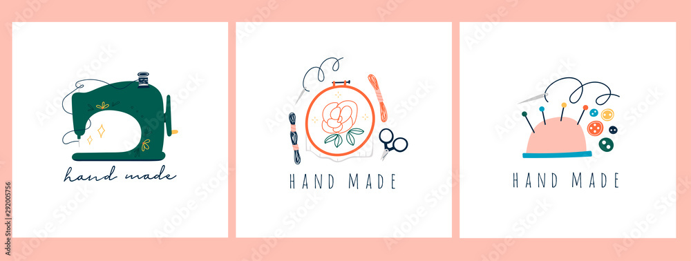 Needlework concept. Embroidery hoop, sewing machine, scissors, threads ...