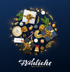 German text Frohliche Weihnachten. Christmas greeting card with holiday objects.