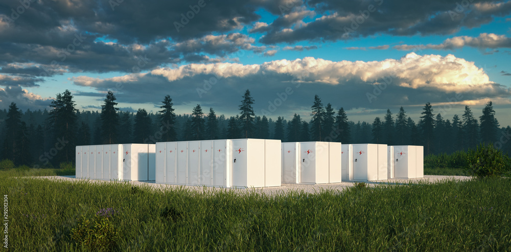 Eco friendly battery energy storage system in nature with misty forest in background and fresh grassland in foreground. 3d rendering. - obrazy, fototapety, plakaty 