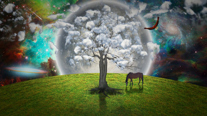 Wall Mural - Peaceful Landscape. Horse grazes near clouds tree, eagle flies in vivid sky