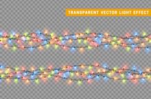 Christmas Lights. Xmas Glowing Lights. Set Lights Garlands Isolated Realistic Design Elements. Christmas Decorations. Holiday Led Neon Lamp. New Year's Festive Decor. Vector Illustration.