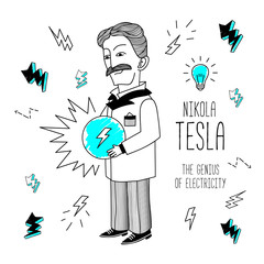 Nikola Tesla. Vector illustration. Cartoon illustration of Nikola Tesla. Genius of electricity.