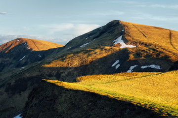 Wall Mural - View of the grassy hills in Carpathian mountains glowing by evening sunlight. Dramatic spring scene. Landscape photography