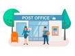 Post office building with mailbox outside and ATM on the wall of the building and postmen with envelope and parcel.