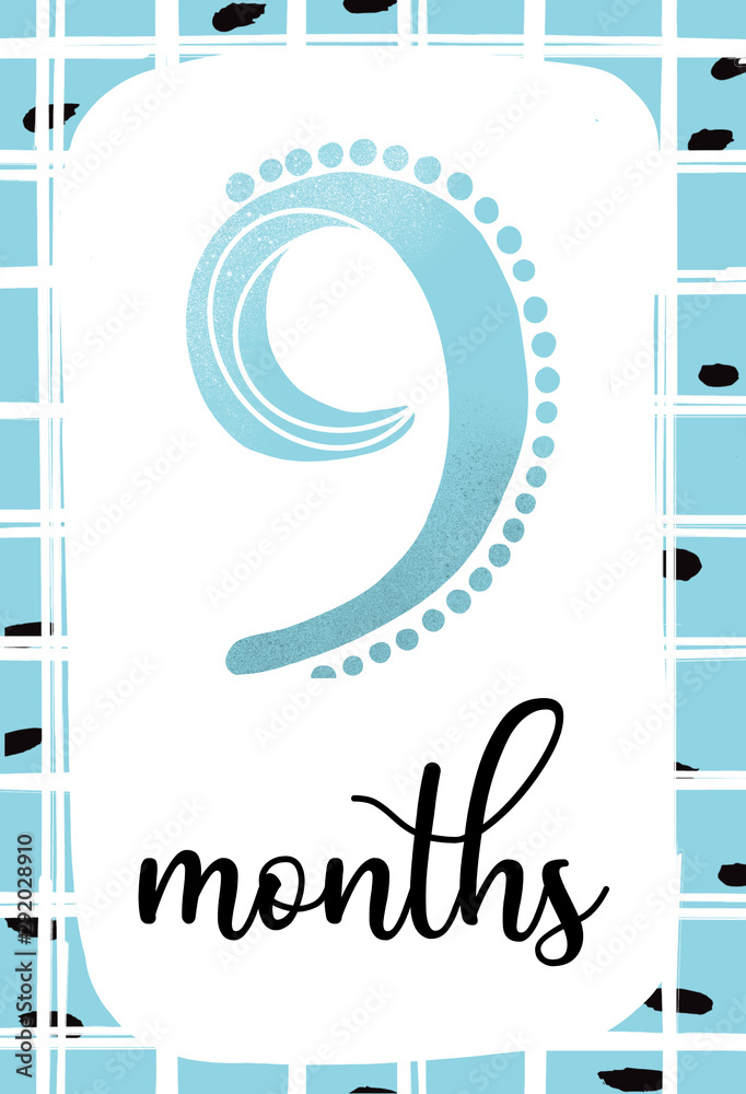 Ready to print milestone card for baby boy with hand drawn blue numbers ...