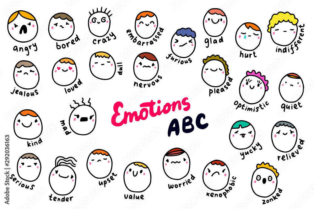 Emotions abc hand drawn vector illustration in cartoon comic style. People heads with different feelings types colorful alphabet - obrazy, fototapety, plakaty 