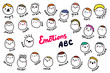 Emotions abc hand drawn vector illustration in cartoon comic style. People heads with different feelings types colorful alphabet