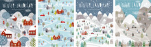 Winter Landscape. Vector Illustration Of Nature, City, Houses, People, Trees And Mountains In The New Year And Christmas Holidays. Drawings For Poster, Background Or Card.