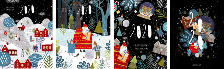 Wall Mural - 2020! Merry Christmas and a happy new year! Vector illustration with the congratulation of the coming year, night winter cityscape, family and children with santa claus and numbers 2020. 