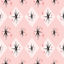 Atomic Age Starburst Seamless Pattern Inspired By 1960's Kitsch. Pink And Black Repeat That Shows The Stylized Mid Century Look, Common With Space Age Advertising, Textiles, Paper, Fashion And Decor.