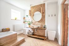 Boho Style Bathroom Interior.
