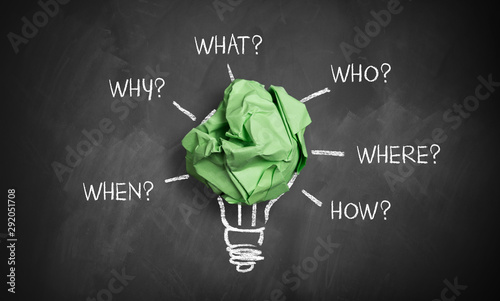 Fotomural crumpled paper on a blackboard with the words when, why, what, who, where, how