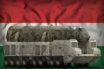 intercontinental ballistic missile with city camouflage on the Hungary national flag background. 3d Illustration