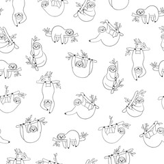 Seamless pattern with cute baby sloths hanging on the tree. Black and white line art. Hand drawn adorable animal background in the minimalist style. Vector rainforest set of funny sloths