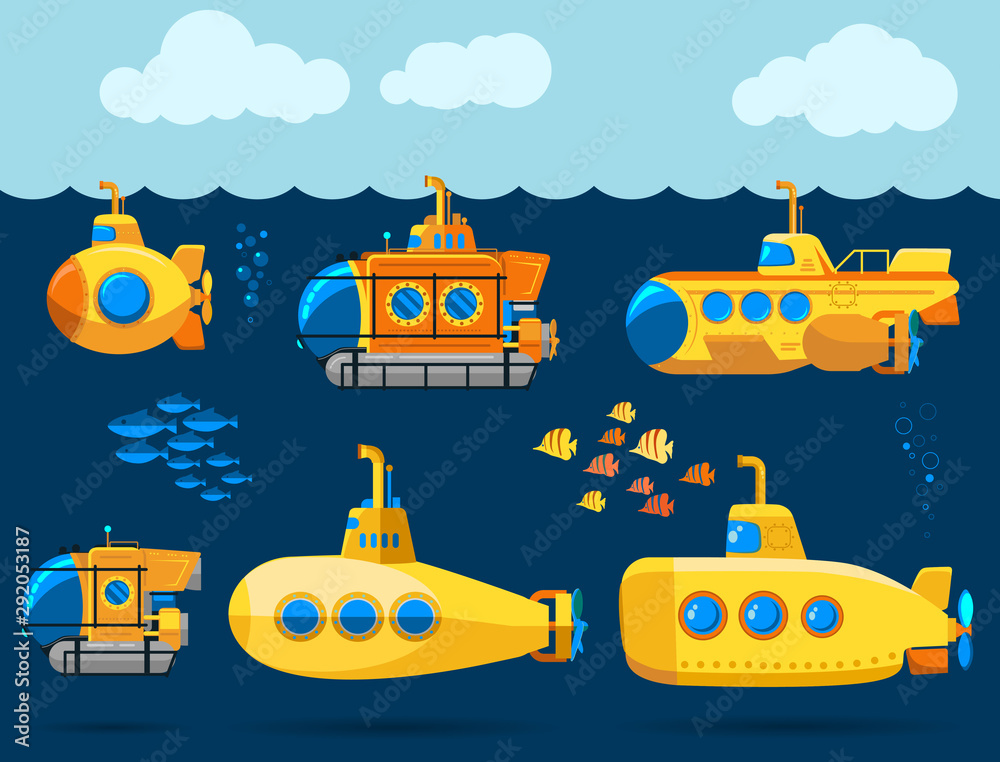 Bathyscaphe cartoon, Yellow Submarine sea research transport. Vector ...