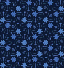 Blue Indigo Tiny Daisy Meadow Seamless Pattern . Dark Moody Dyed Winter Floral Fabric Textile. Vector Ditsy Vintage All Over Print.