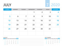 Calendar 2020 Template, JULY 2020 Year, Desk Calendar 2020 Layout, Corporate Design Planner Template. Blue Color