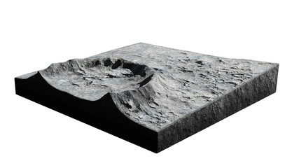 Wall Mural - cross section of a crater on the surface of the moon, terrain model isolated on white background