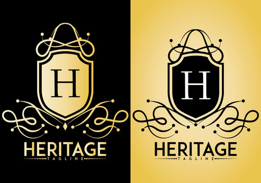Heritage crest logo with badge and swirl isolated on background. Letter logo, Initials logo, suitable for any company, ready to print, easy to edit, organized layer.