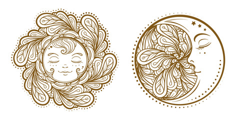 Wall Mural - Ethnic sun and moon symbols. Temporary tattoo set.