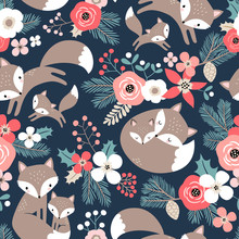 Seamless Vector Pattern With Cute Hand Drawn Fox Family And Flowers On Dark Blue Background. Perfect For Textile, Wallpaper Or Print Design.