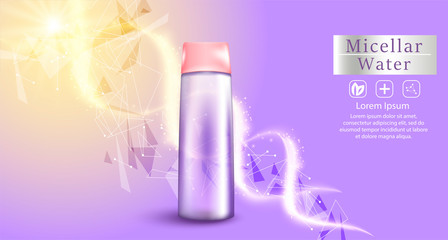 Wall Mural - Micellar water with molecule DNA. for makeup cleaning 3d realistic vector advertising banner, poster. Cosmetic product bottle. Package design.