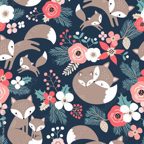 Fotografía Seamless vector pattern with cute hand drawn fox family and flowers on dark blue background