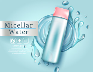 Wall Mural - Micellar water for makeup cleaning 3d realistic vector advertising banner, poster. Cosmetic product bottle. Package design.