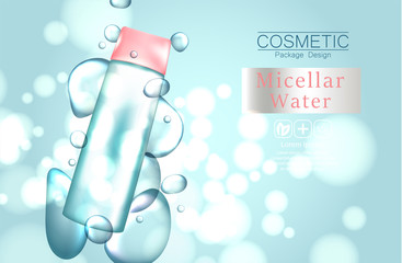 Wall Mural - Micellar water for makeup cleaning 3d realistic vector advertising banner, poster. Cosmetic product bottle. Package design.