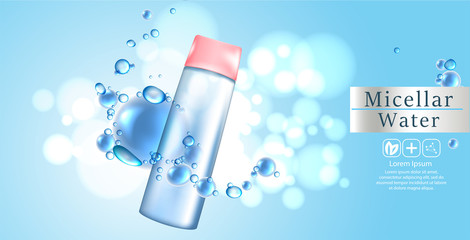 Wall Mural - Micellar water for makeup cleaning 3d realistic vector advertising banner, poster. Cosmetic product bottle. Package design.