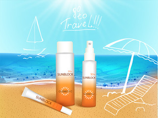 Wall Mural - Vector illustration. 3d bottles with sun protection cosmetic products on tropic beach with hand draw doodle element. Sunblock cream and tanning oil spray bottle. Template, for magazine or ads