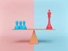 Chess King And Pawn Standing On A Balance. Minimal Concept. 3d Rendering