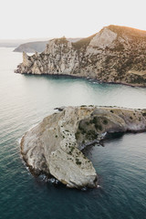 Wall Mural - Aerial view of rocky Black sea shore and cape Kapchik in Noviy Svet, Krym