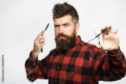 Barber Scissors Bearded Man Lush Beard Handsome Mens Haircut