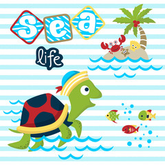 Wall Mural - vector cartoon of marine life. Turtle, fishes, crab, starfish, shellfish on island