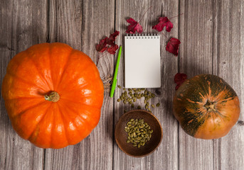 Autumn composition. Notepad, pen, two pumpkins, pumpkin seeds, autumn leaves on a wooden background.