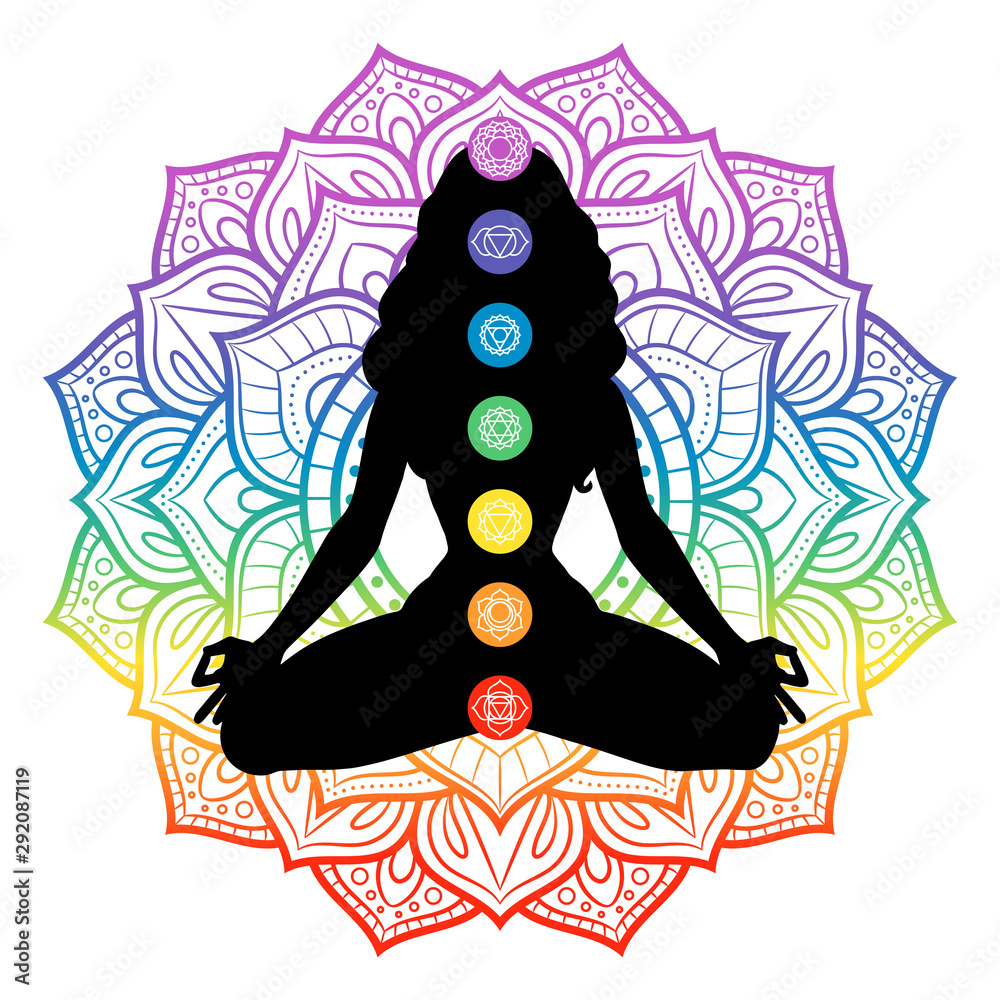 Seven chakras on meditating yogi woman silhouette, vector illustration - obrazy, fototapety, plakaty 