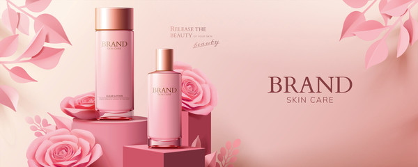 pink cosmetic ads with paper roses