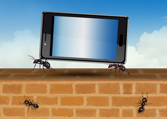 Poster - illustration of ants carry a cellphone