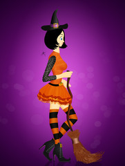 Wall Mural - illustration of Halloween witch with broom