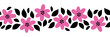 Seamless border flowers and leaves flat cartoon style vector. Pink and black florals and leaf elements. Simple Scandinavian hand drawn design for banner, card decor, ribbon, celebration, party invite
