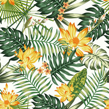 Orange Flowers Green Leaves Seamless Pattern White Background