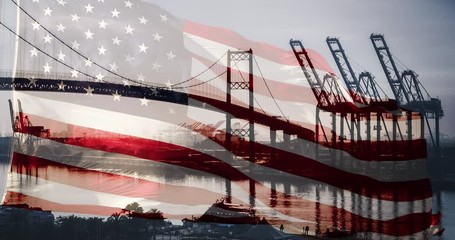 Wall Mural - 4k Ghosted Right Facing American Flag Waving With Shipping Port Dock and Bridge Silhouette Background