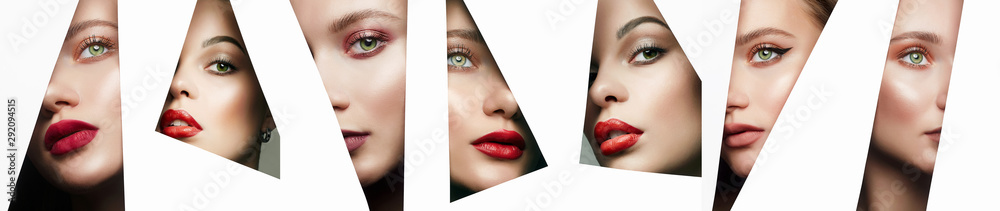 Obraz na płótnie collage. young beautiful women. female faces with makeup w salonie