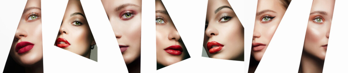 collage. young beautiful women. female faces with makeup