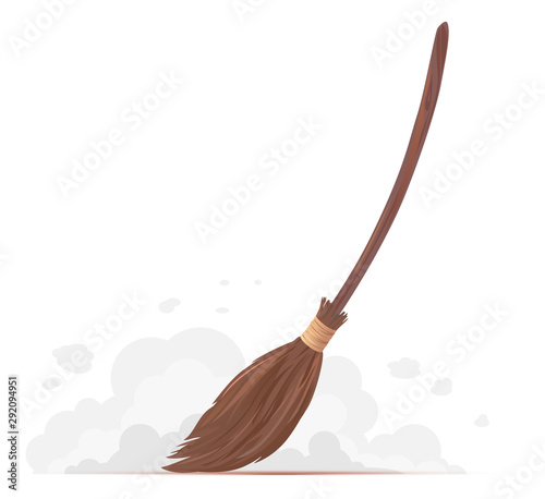 One Big Brown Broom Sweep Floor With Long Wooden Handle Isolated