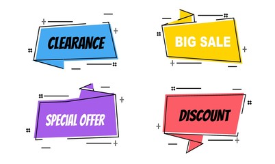 Wall Mural - Flat linear promotion ribbon banners, price tags, stickers, badges, posters. Vector illustration.